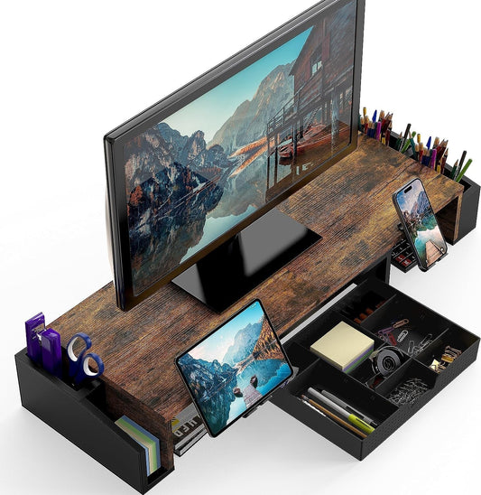 Desk Dual Monitor Stand Riser with Drawer - Rustic Brown