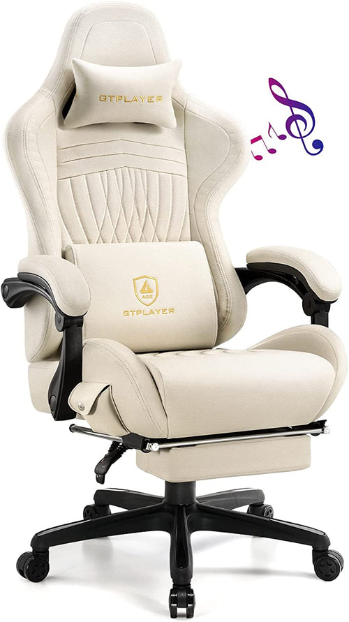 Bluetooth Speaker Gaming Chair with Footrest, Ivory