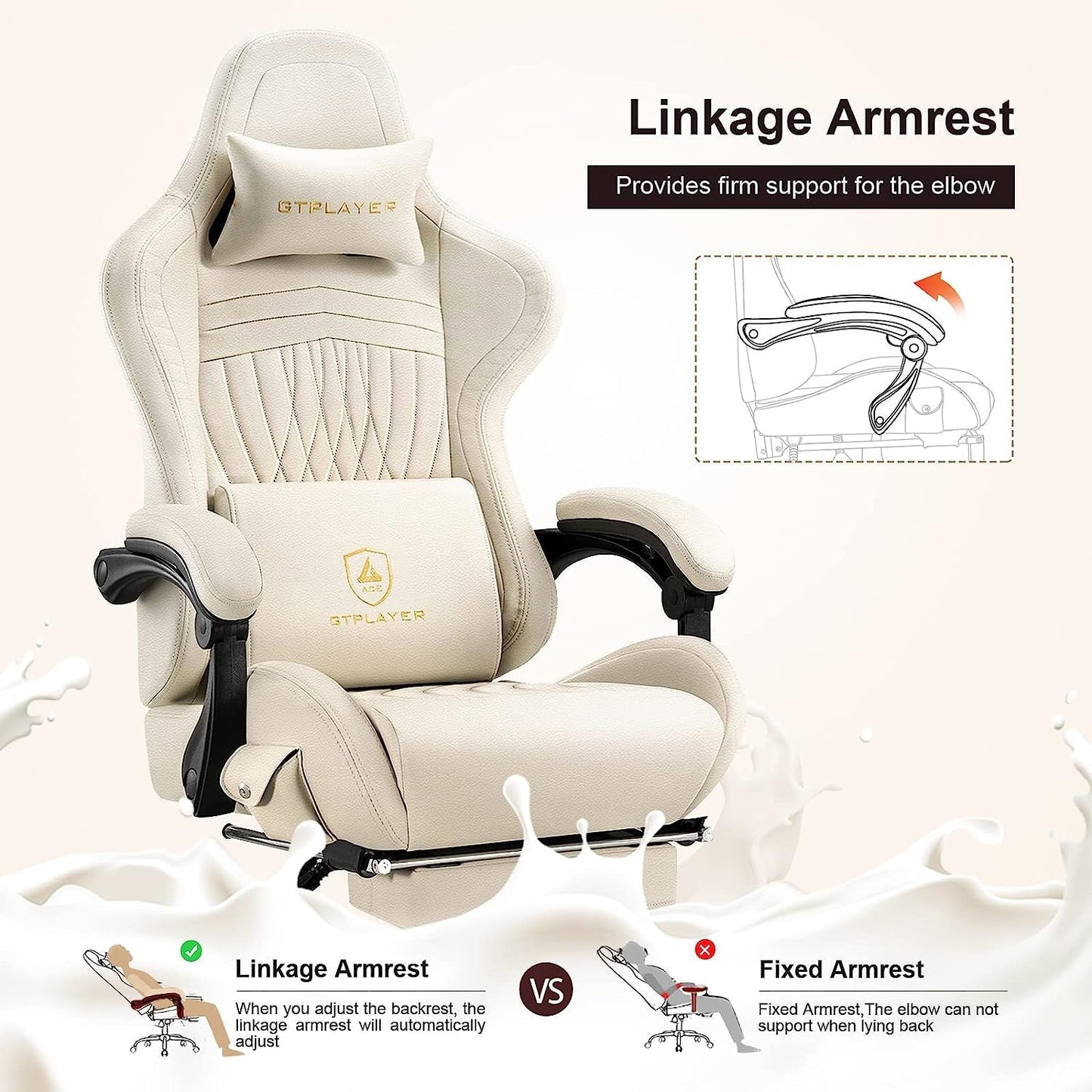 Bluetooth Speaker Gaming Chair with Footrest, Ivory