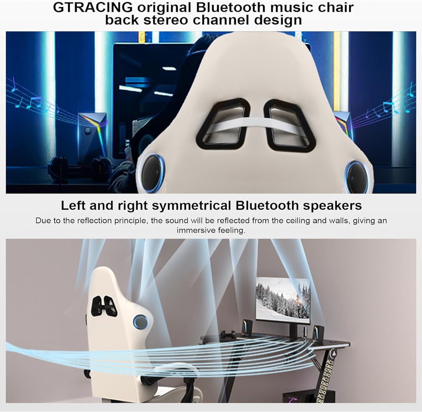Bluetooth Speaker Gaming Chair with Footrest, Ivory