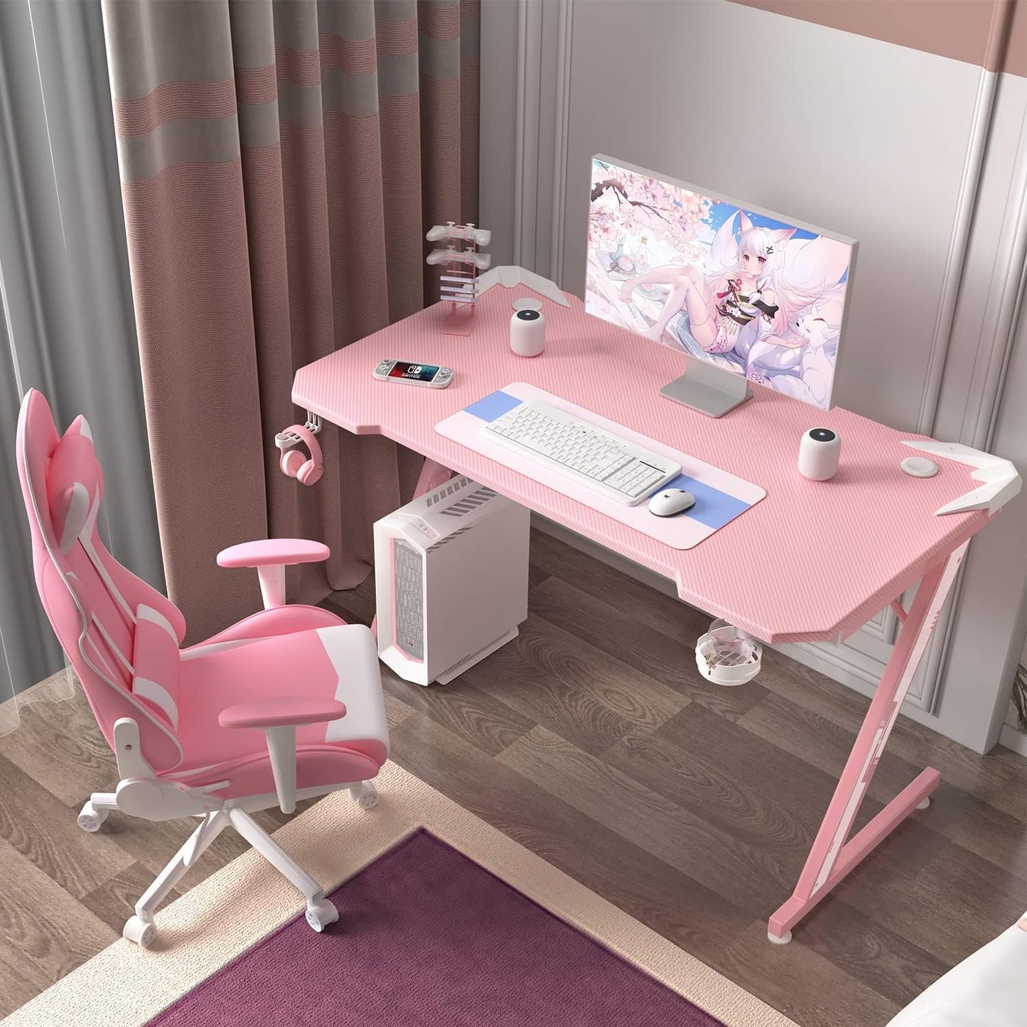Gaming Computer Desk with Carbon Fiber Surface, Gaming Table Z Shaped