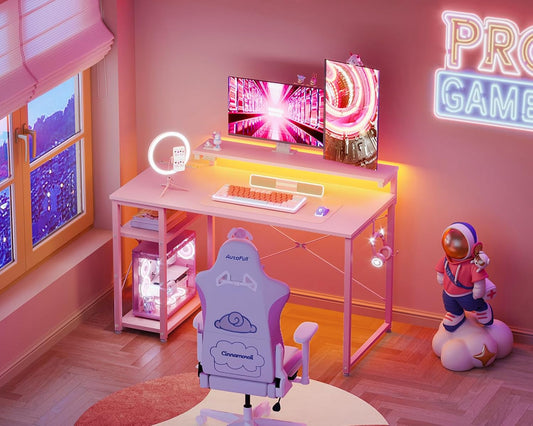 Pink Gaming Desk with Led Lights & Power Outlet | 40 Inch Small