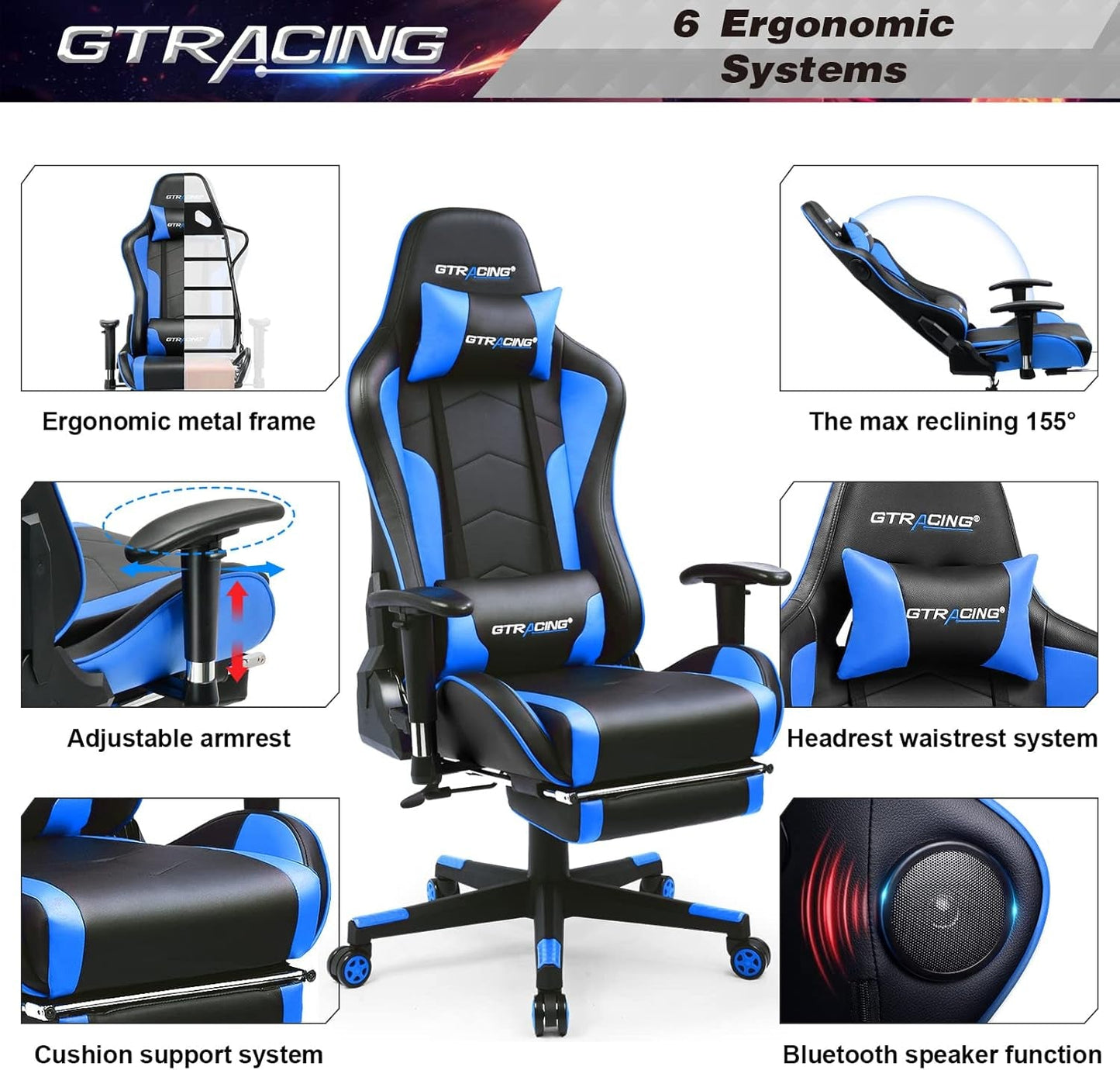 Gaming Chair with Footrest and Bluetooth Speakers Music Video Game
