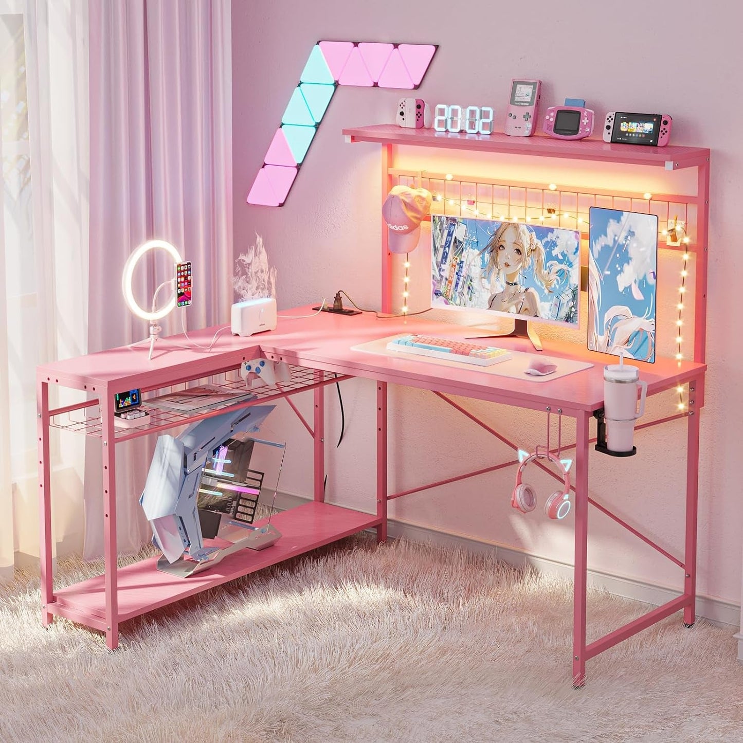 Gaming Desk 51 Inch L-Shaped, with Power Outlets & LED Lights - 4 Tier