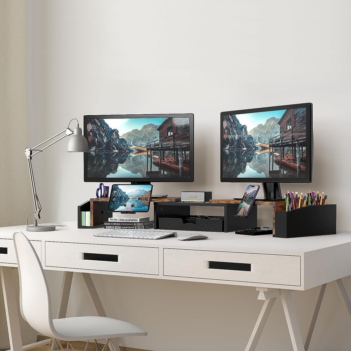 Desk Dual Monitor Stand Riser with Drawer - Rustic Brown