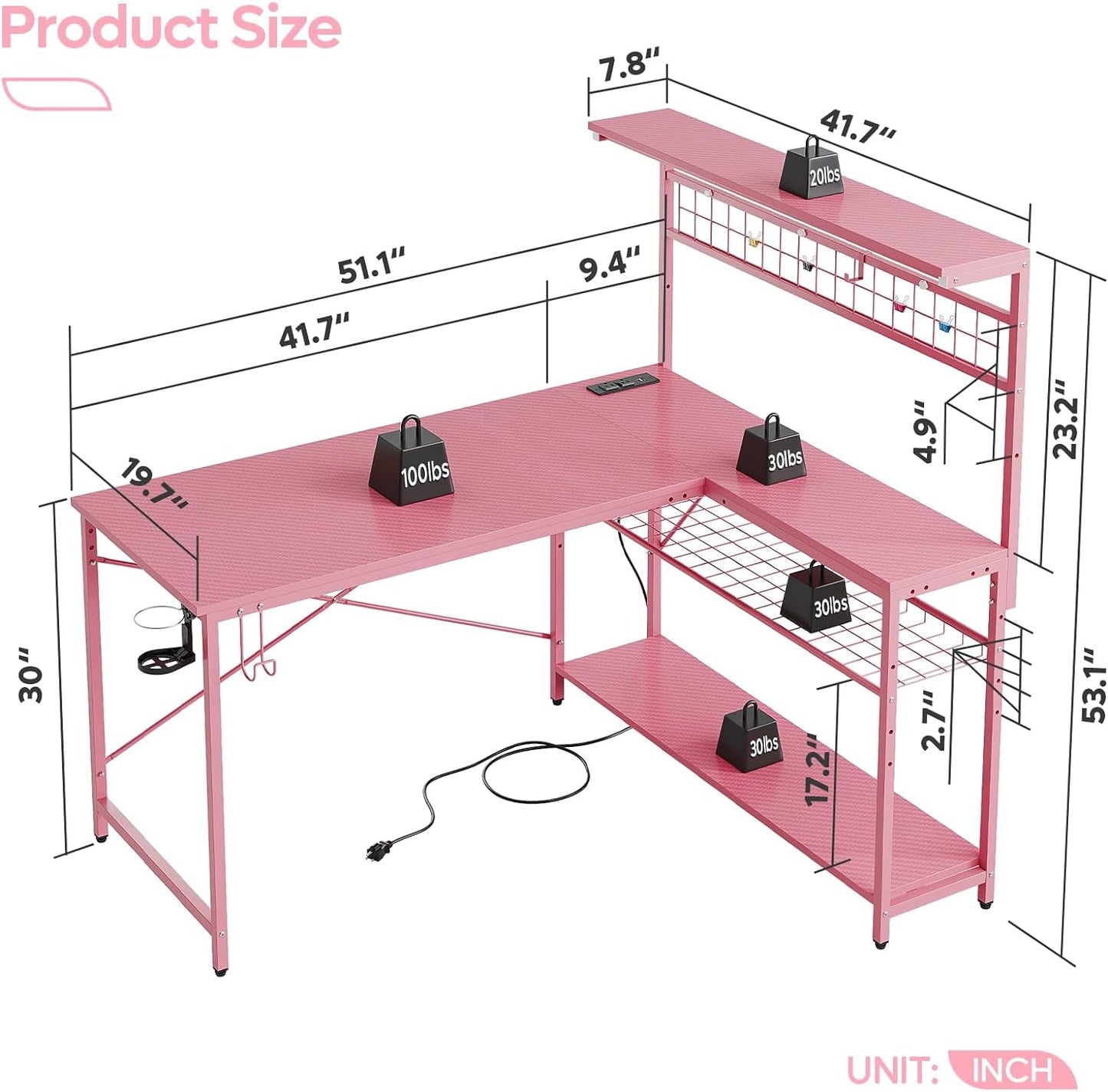 Gaming Desk 51 Inch L-Shaped, with Power Outlets & LED Lights - 4 Tier