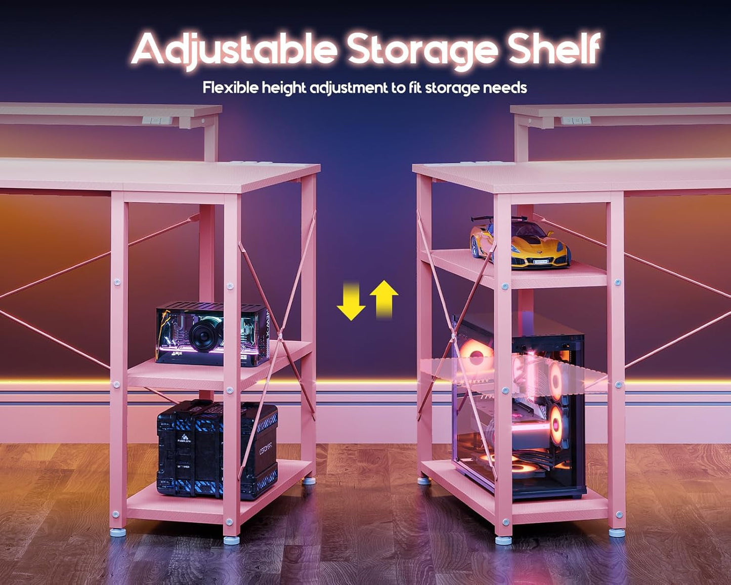 Pink Gaming Desk with Led Lights & Power Outlet | 40 Inch Small
