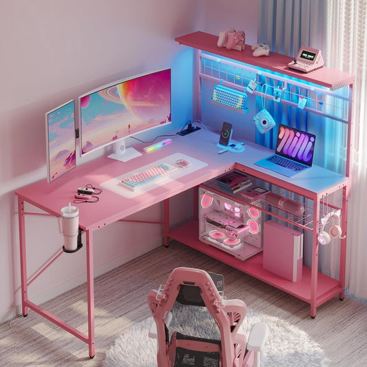 Gaming Desk 51 Inch L-Shaped, with Power Outlets & LED Lights - 4 Tier