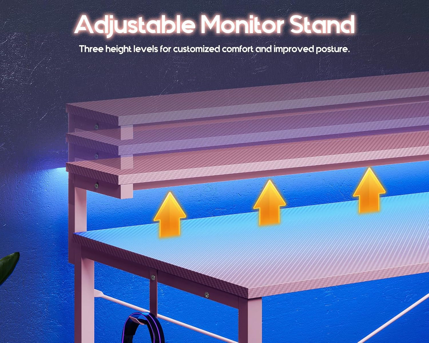Pink Gaming Desk with Led Lights & Power Outlet | 40 Inch Small