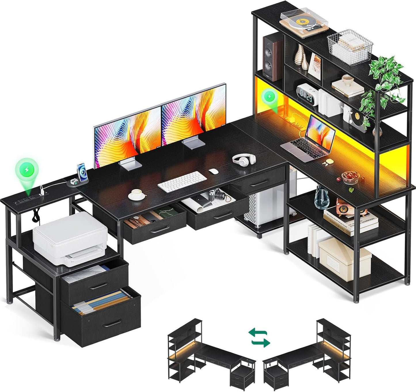 79 Inch L Shaped Desk with File Drawers, Reversible L Shaped Gaming