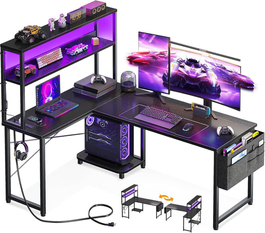 L Shaped Desk Gaming Desk with LED Light & Power Outlet, 53 Inch