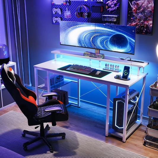 48 Inch Gaming Desk with LED Lights & Power Outlets | Computer Desk