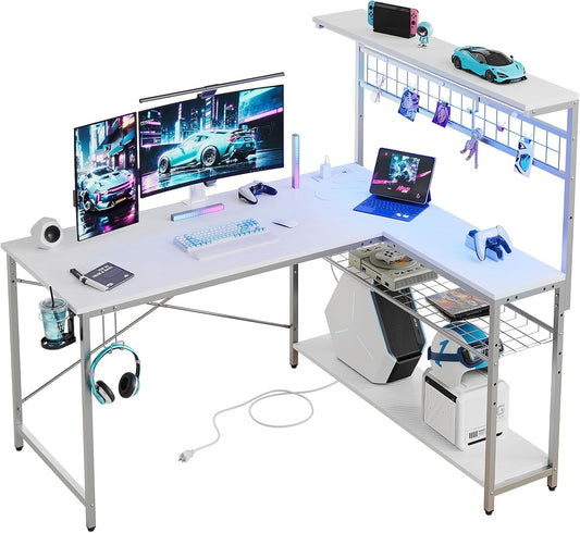 Gaming Desk 51 Inch L-Shaped, with Power Outlets & LED Lights- 4 Tier