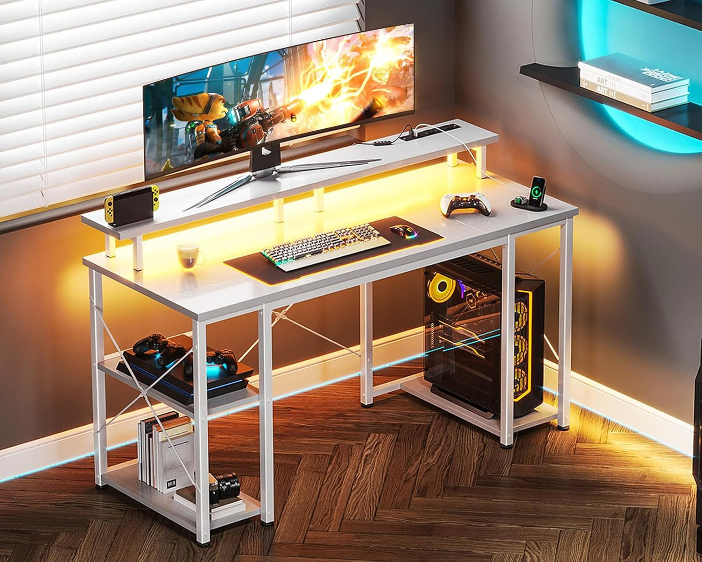 48 Inch Gaming Desk with LED Lights & Power Outlets | Computer Desk