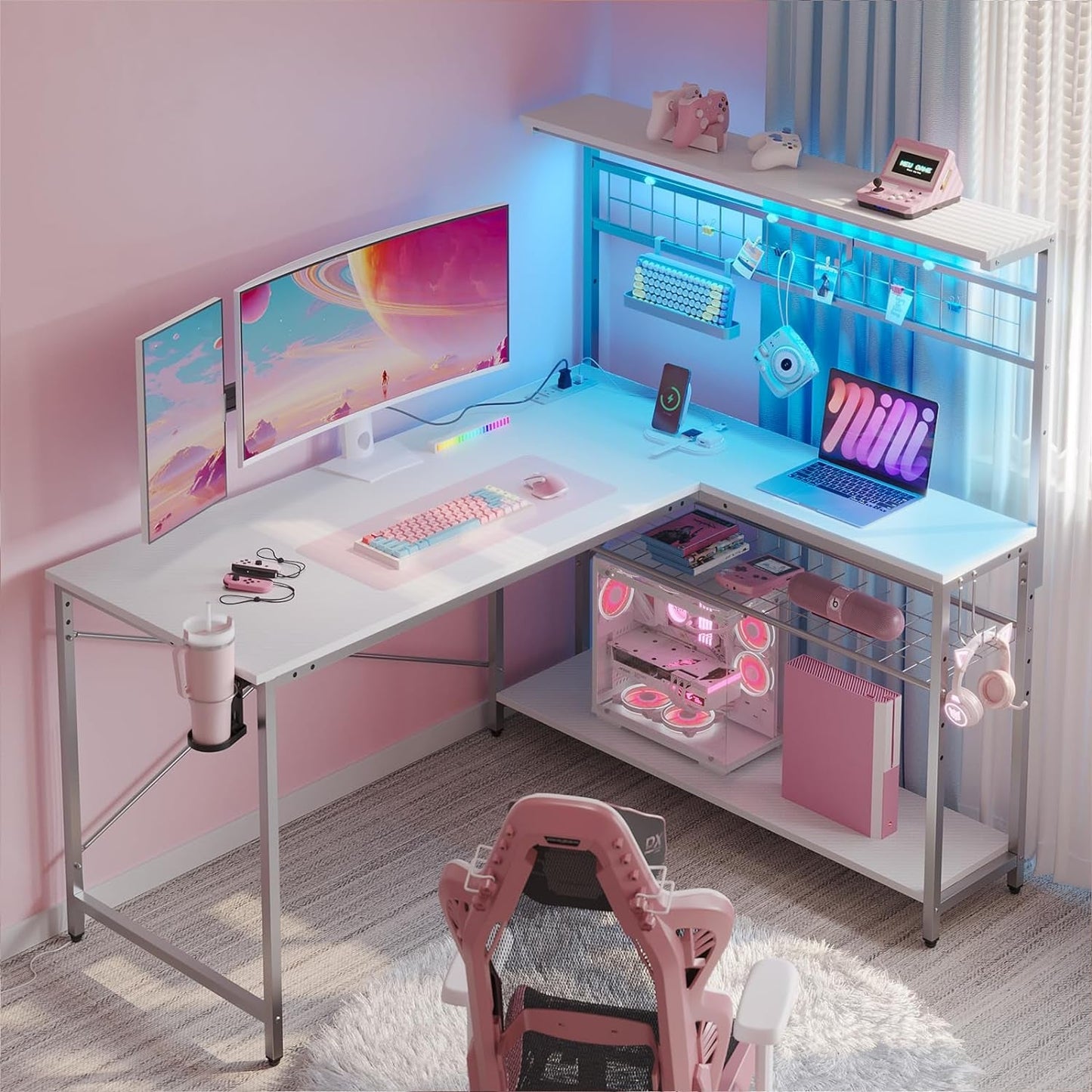 Gaming Desk 51 Inch L-Shaped, with Power Outlets & LED Lights- 4 Tier