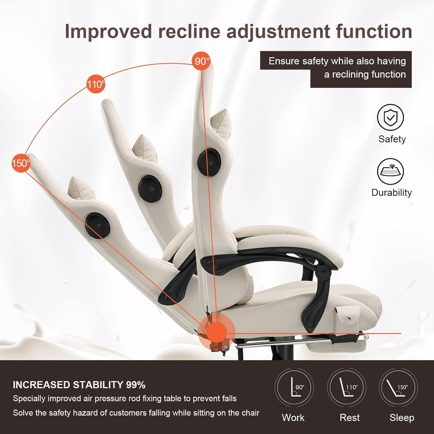 Bluetooth Speaker Gaming Chair with Footrest, Ivory